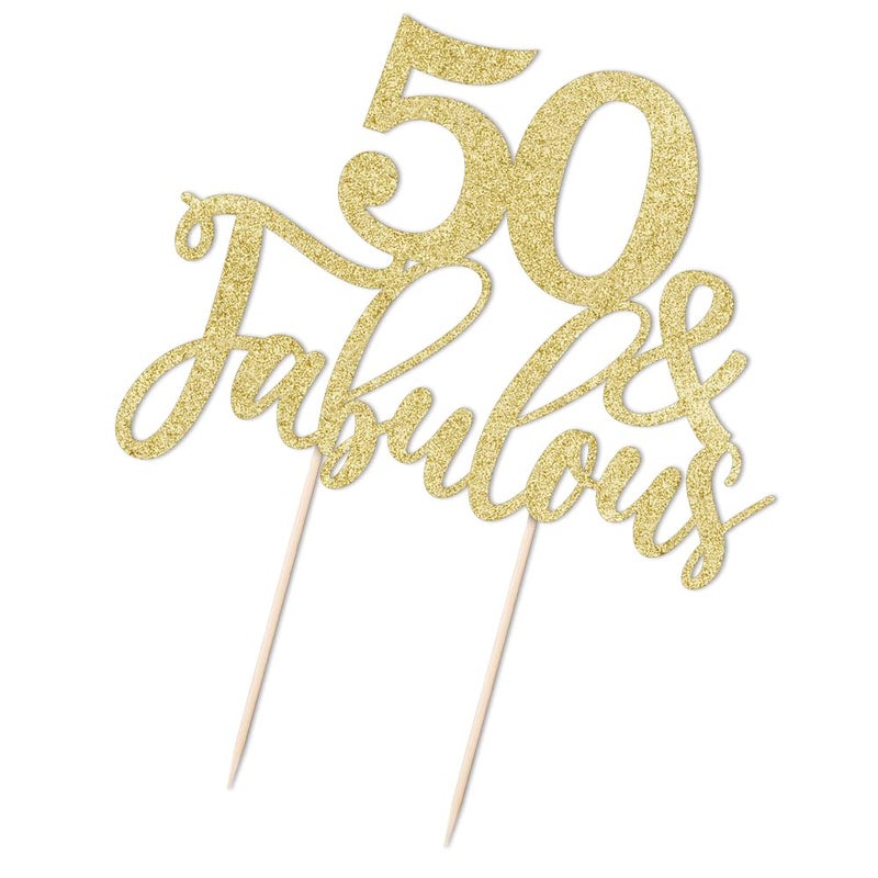 Yetxel Golden Glitter 50 & Fabulous Cake Topper, 50th Birthday Cake Topper, Fifty and Fabulous, 2 Pieces - Image 4